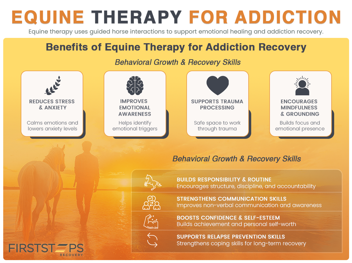 Equine Therapy 2 infographic shows the benefits of equine therapy for addiction