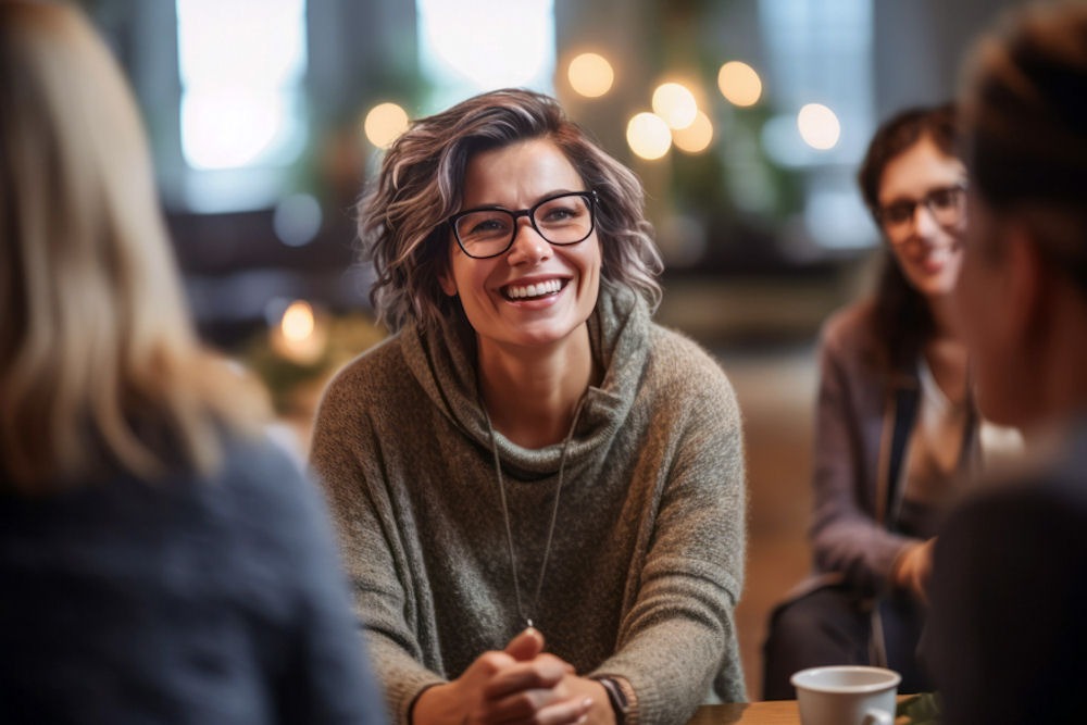 Happy woman with graying hair in women-only sobriety support group