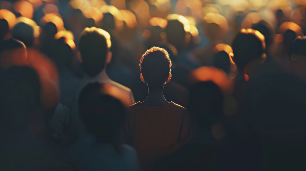 Rear view of crowd facing source of golden light