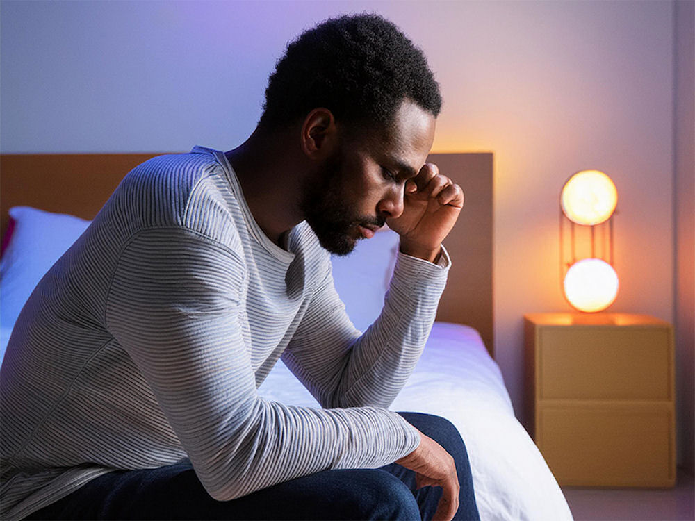 Sad man in striped shirt sitting at end of white bed in hotel room