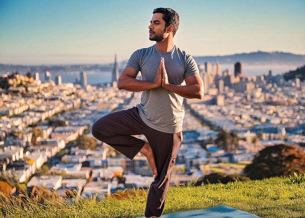 Man doing tree pose in yoga in park with city backdrop