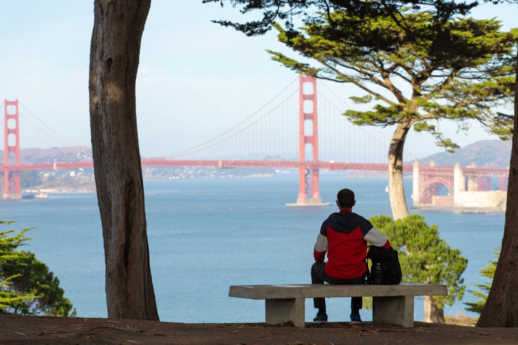 Man sitting on bench, contemplating relapse drift while looking out on the San Francisco Bay