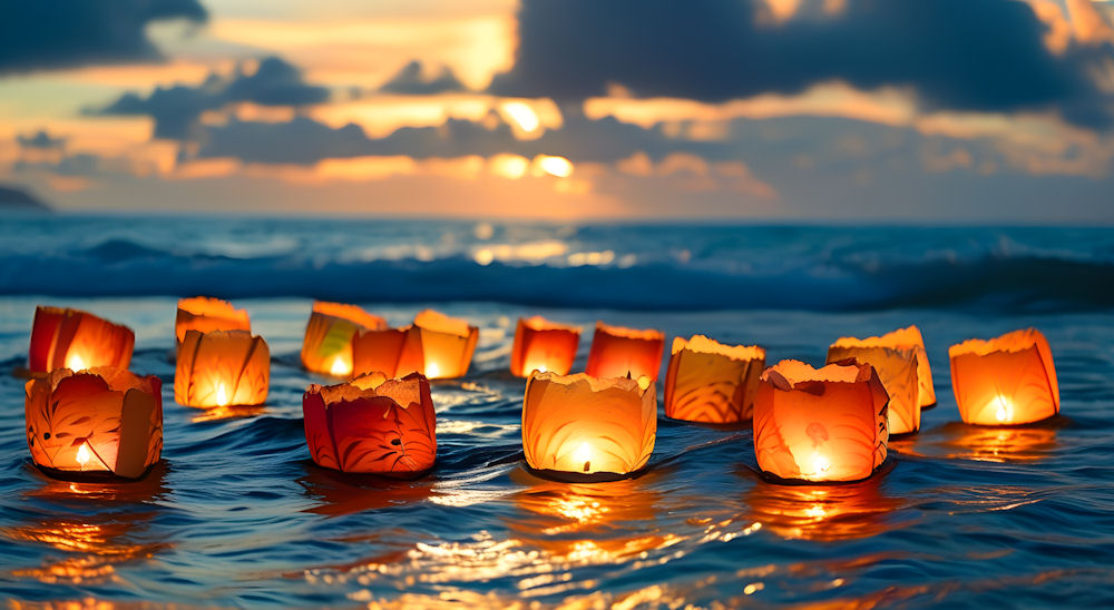 Memorial candles floating on the ocean as the sun sets in the background