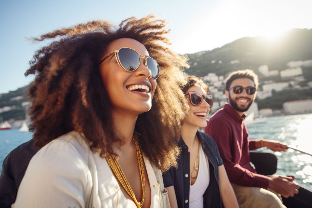 Group of friends sitting on edge of boardwalk wearing sunglasses