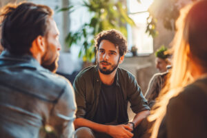 Support group discussing the difference between emotional and mental health in an outdoor meeting of an addiction support group