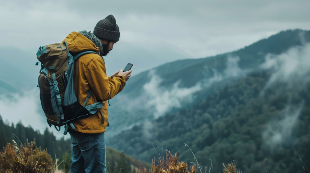 Man looking at altitude meter while looking out onto misty valley lined with trees