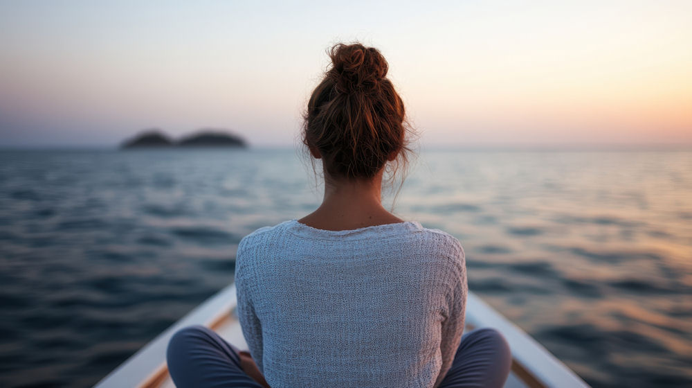 Woman contemplating shopping addiction while looking out onto a lake from a canoe