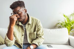 Sitting man pinching the bridge of his nose in frustration at his relapse