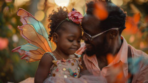Man embracing little girl in sober family outing