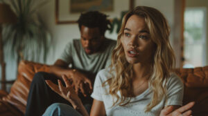Woman discussing high-functioning anxiety with therapist with sad man on other side of the couch