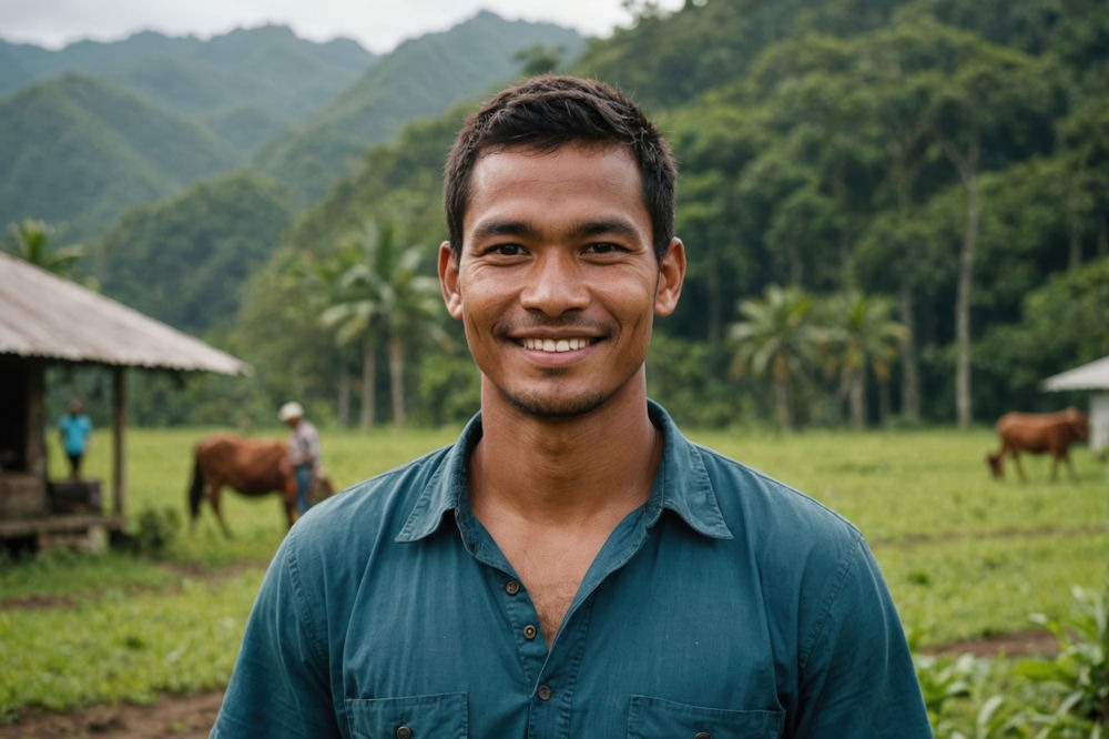 Young man smiling in front of horses and grooms standing in front of a field in a tropical setting.