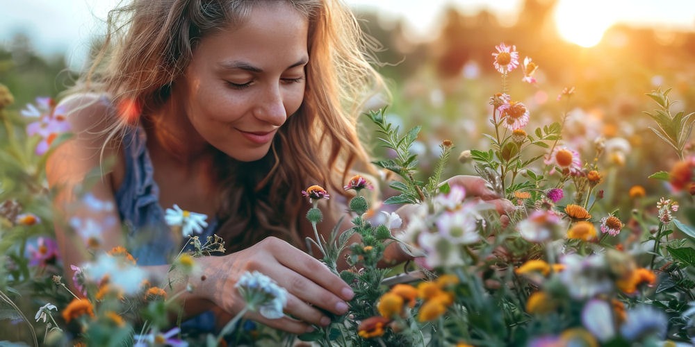 Woman bending down to examine wildflowers as sun sets in the background.