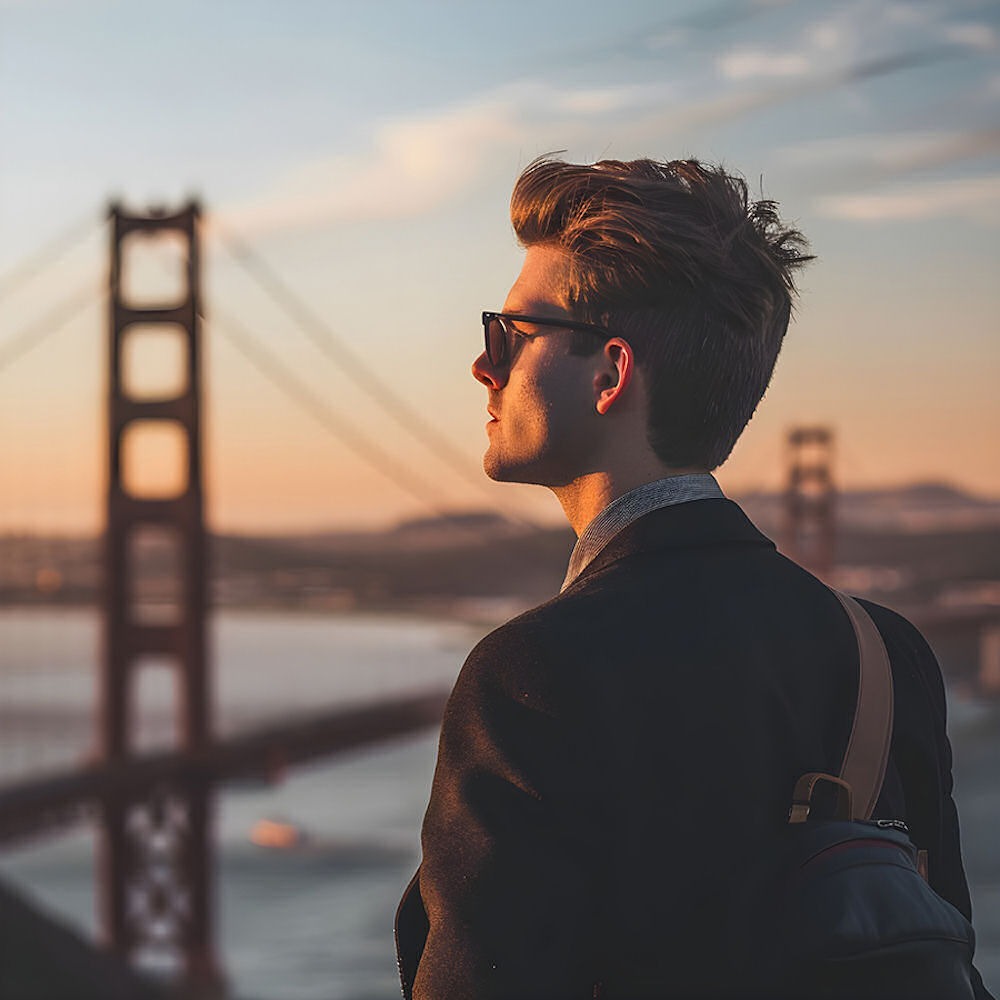 Young man with sunglasses looking out onto the San Francisco Bay