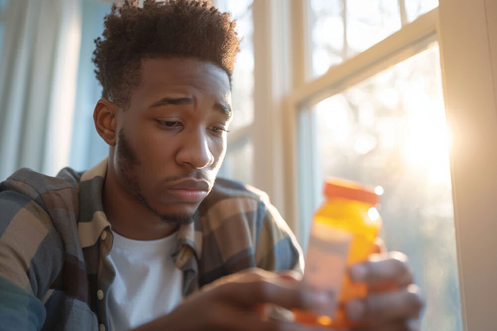 Man looking down at bottle of Adderall with a skeptical face.
