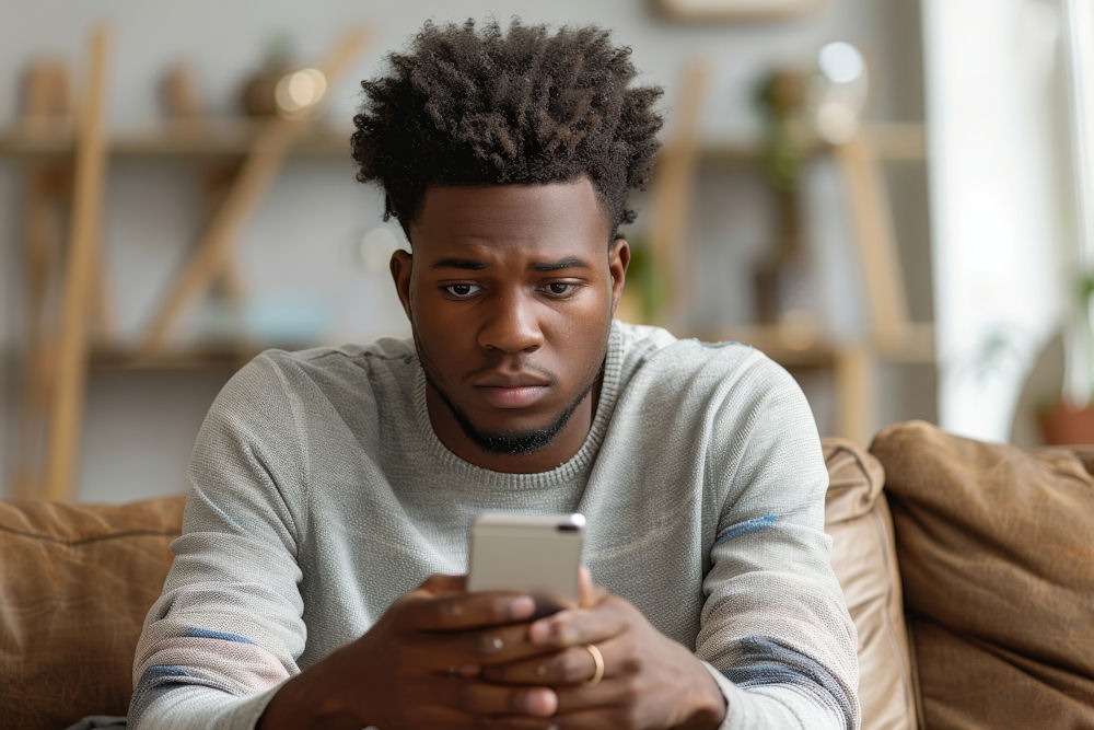 Sad man sitting and leaning down over to look at an iPhone to research a spiritual malady.