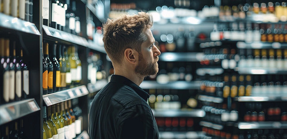 Anxious man looking helplessly around in aisle of liquor store.