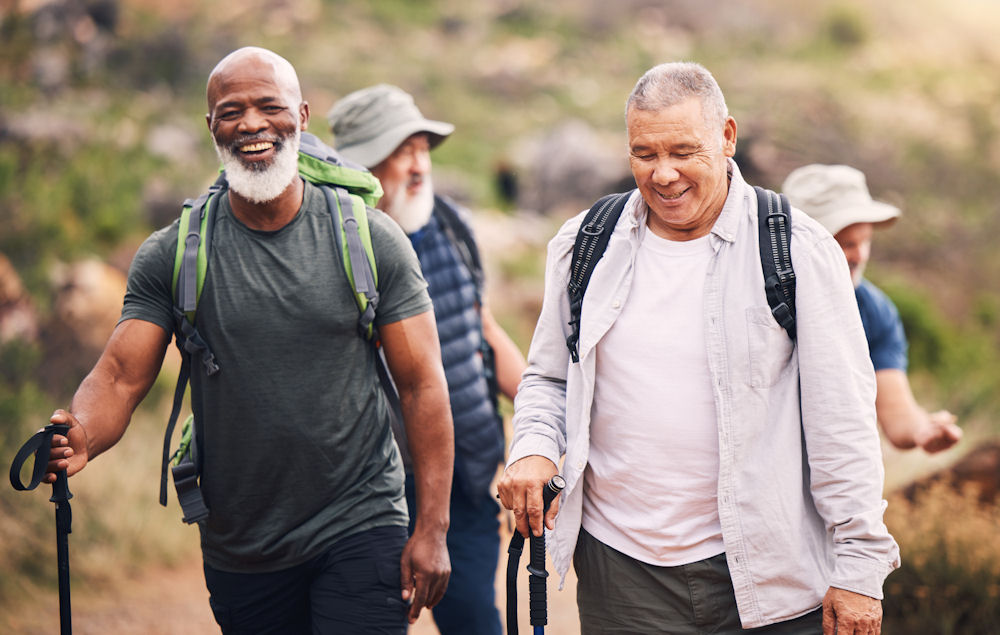 Group of men with anxiety hiking together.